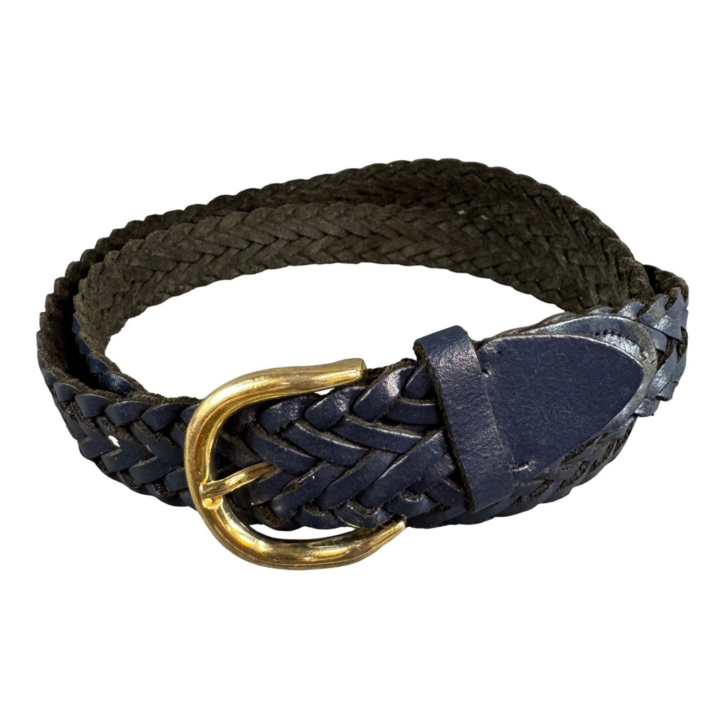 Vintage Navy Blue Braided Genuine Leather Belt Gold Buckle Made in Argentina L